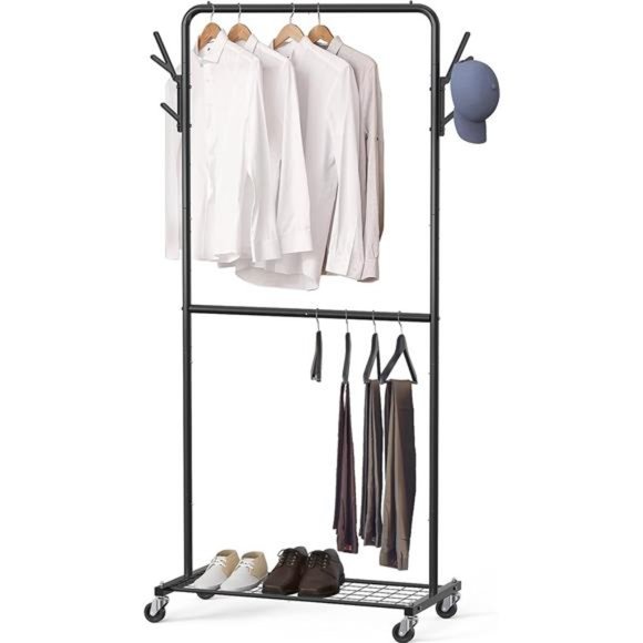 Simple Houseware Double Rod Garment Rack With Wheels and Hooks, Black - Picture 6 of 6